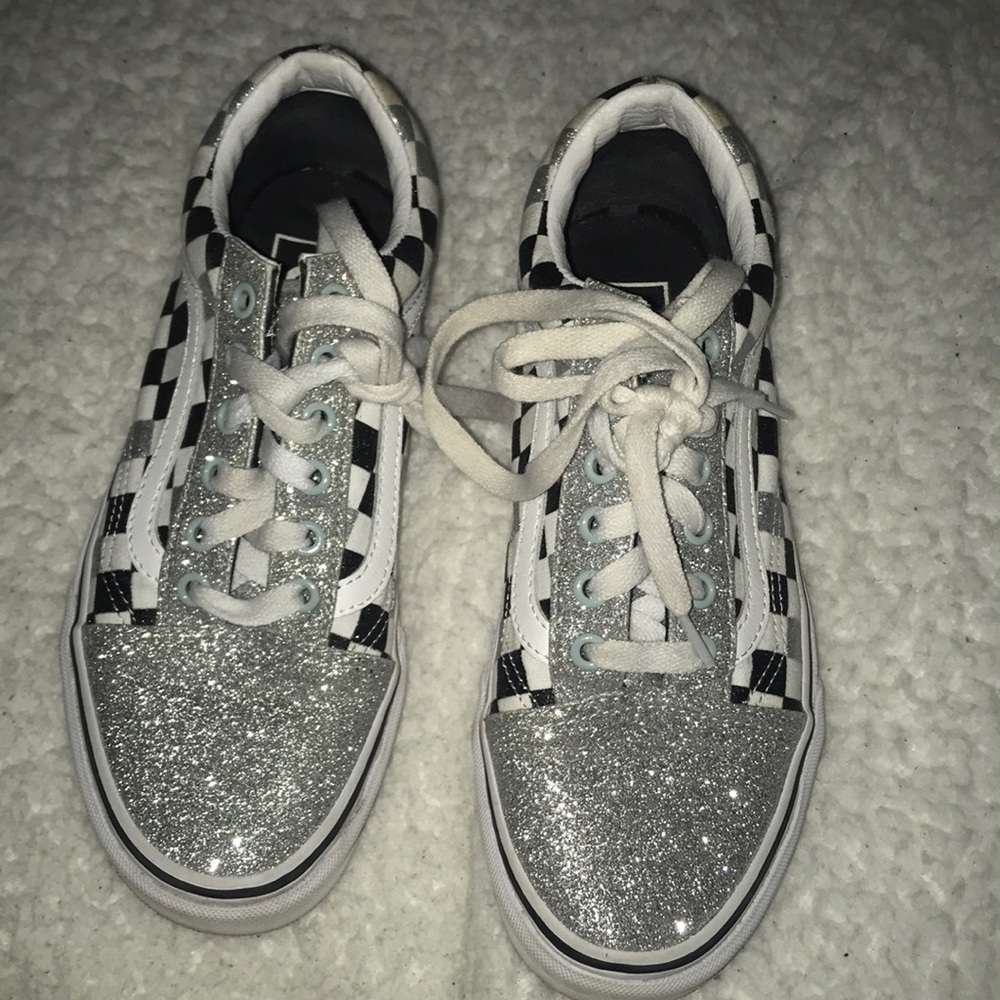 silver checkered glitter vans